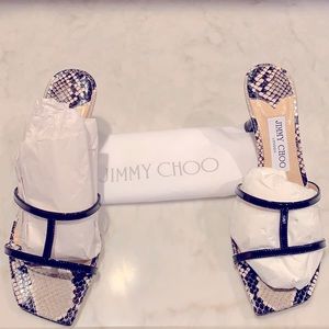 Jimmy Choo Ria sandal.Black/snake printed leather.